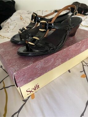 Söfft Black Patent Leather Slingback Heels with Gold Accents